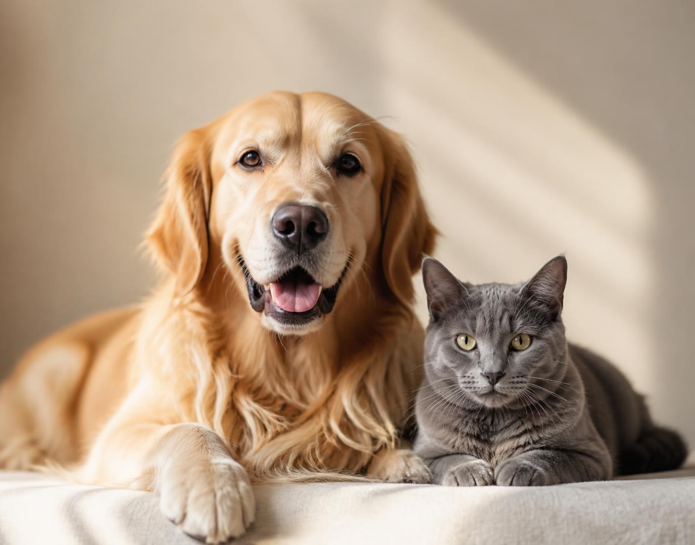 Un chien golden retriever et un chat gris côte à côte dans une lumière douce
