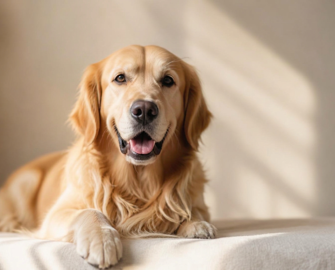 Un chien golden retriever et un chat gris côte à côte dans une lumière douce